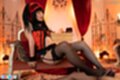 Seated with legs stretched out giving footjob in black stockings