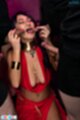 On her knees big breasts cleavage blowbang threesome