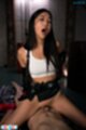 Head thrown back mouth open long hair riding cock