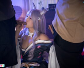 Emiri Momota blowbanged on her knees and cum in her mouth