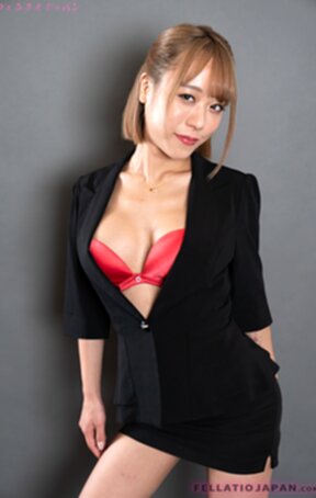 Nanahara Nanako in black business suit on her knees sucking cock