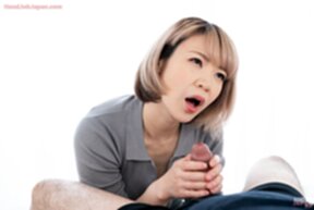 Aida Miku on her knees giving handjob and cum in her hand