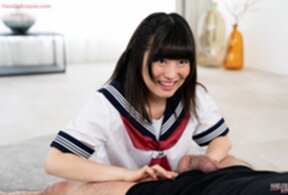 Kogal Suzumiya Aika in uniform on her knees giving handjob and milking cum