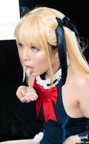 Mary on her knees giving handjobs and cum in mouth