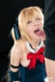 Tongue out stroking cock cumming in her mouth