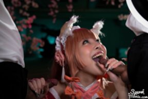 Misa on her knees giving handjobs and sucking cocks