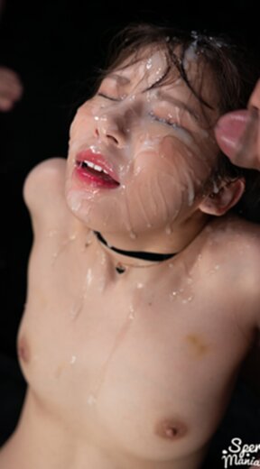 Tsukino Nagi kneeling nude receiving bukkake facials face glazed with cum