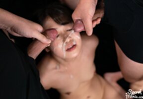 Imano Ayame kneeling naked receiving bukkake facial cumshots