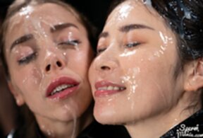 Suzuno Haruka on her knees with Popiense Mary faces glazed with cum