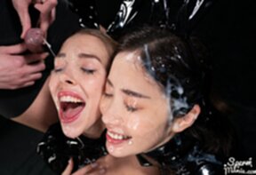 Suzuno Haruka on her knees with Popiense Mary faces glazed with cum