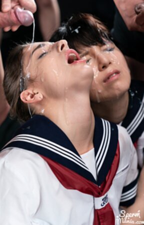 Mary and Scott Kristen kneeling in uniform taking bukkake facial cumshots