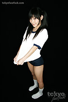 Pull top of gym class uniform white tshirt navy blue shorts white socks long hair
