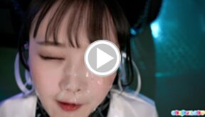 Ria Kurumi on her knees blowbanged and bukkake facials